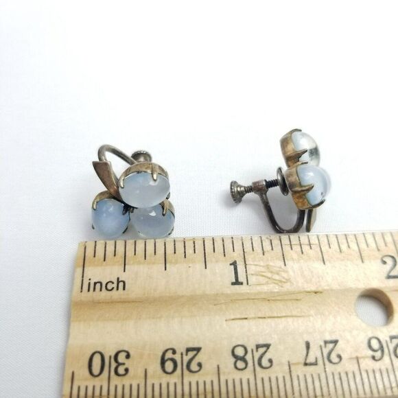 Vintage Sterling Silver Light Blue Cabochon Cat's Eye Screw Back Earrings - Picture 5 of 7